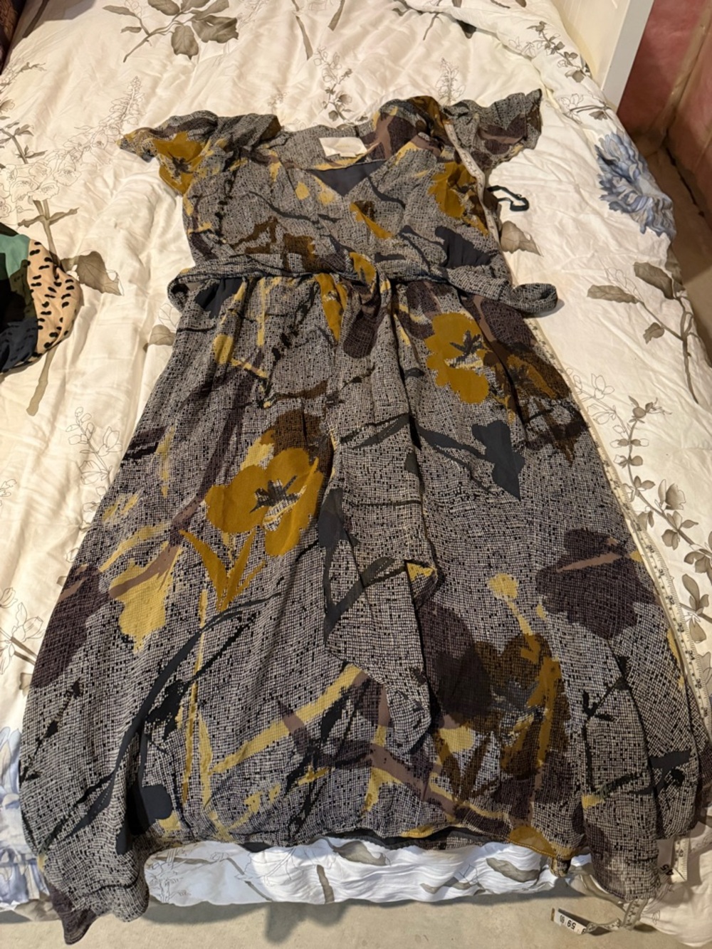 Anthropologie Floral Print Wrap Dress in Mustard and Charcoal